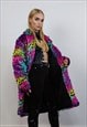 FESTIVAL LEOPARD COAT RAINBOW FAUX FUR TRENCH JACKET IN PINK