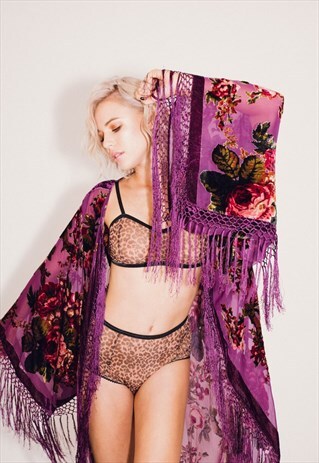 BURNOUT VELVET FESTIVAL KIMONO JACKET WITH FRINGING