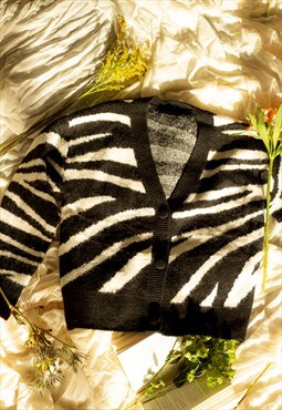 Black Zebra Print Knit Border Cardigan