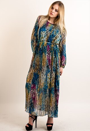 BLUE LEOPARD AND FLORAL PRINT FULL LENGTH PLEATED MAXI DRESS