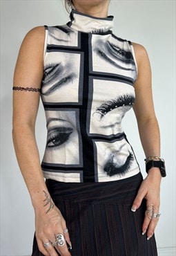 Vintage Y2k Vest Top Graphic Eye Print High Neck Archival 