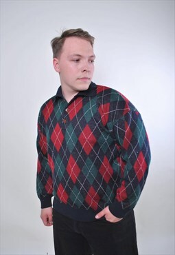 Men vintage pattern collared multicolor sweater