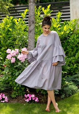 Ruffle Sleeve Dress, Grey Dress Women, Midi Cotton Dress