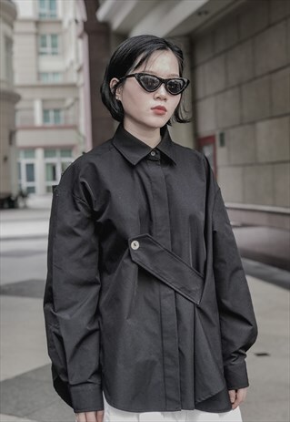 KOREAN STYLE SHIRT WITH STRAP DETAIL IN BLACK