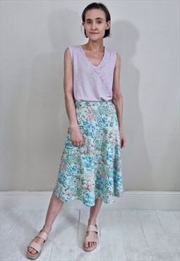 Vintage 70's Blue, Mint Green and Pink Floral Midi Skirt 