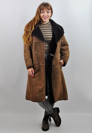 VINTAGE 70S LONG BROWN SHEEPSKIN SHEARLING HIPPIE COAT