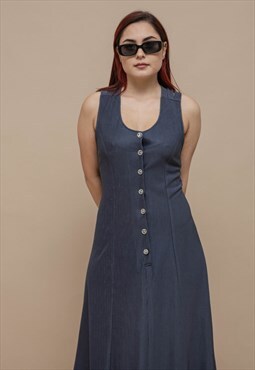 Vintage 90s Grunge Blue Sleeveless Cross Back Maxi Dress S