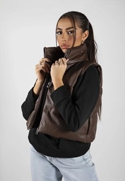 Brown Faux Leather Cropped Gilet
