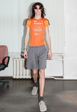 Vintage Y2K rave sports sponsor V neck t-shirt in orange