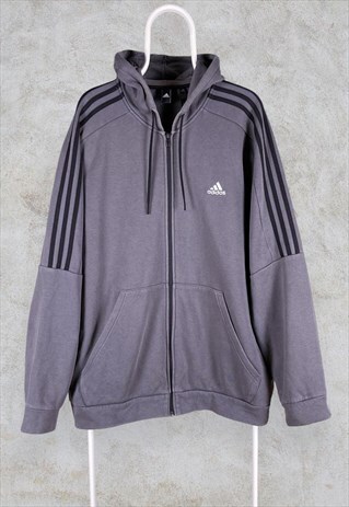Grey Adidas Hoodie Zip Up Striped XXL