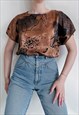 VINTAGE 80S BATWING SLEEVE SILKY BROWN FLORAL ELEMENT BLOUSE