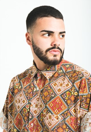 VINTAGE 80S CRAZY PATTERN FESTIVAL SHORT SLEEVE SHIRT /S5538
