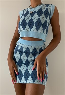 Alexi Cropped Vest and Mini Skirt Set In Blue Argyle
