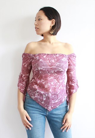 VINTAGE Y2K PURPLE FLORAL MESH OFF SHOULDER TOP