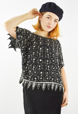 BEAUTIFUL SHEER PURE SILK BEADED EMBELLISHED SEQUIN TOP