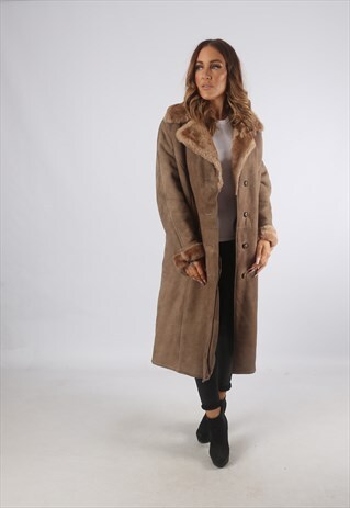 VINTAGE SHEEPSKIN SUEDE SHEARLING COAT LONG UK 16 XL (K93Z)