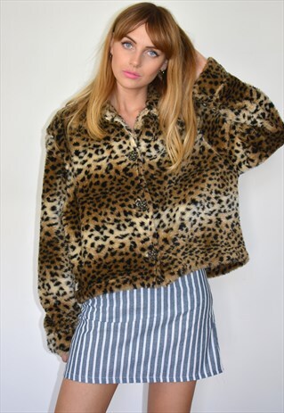 VINTAGE 90S LEOPARD PRINT FAUX FUR CROPPED JACKET