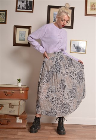 VINTAGE 80S FLORAL ABSTRACT PATTERN MAXI SKIRT IN LILAC