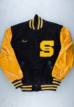 90s USA Black Yellow Letterman Varsity Jacket - B2253