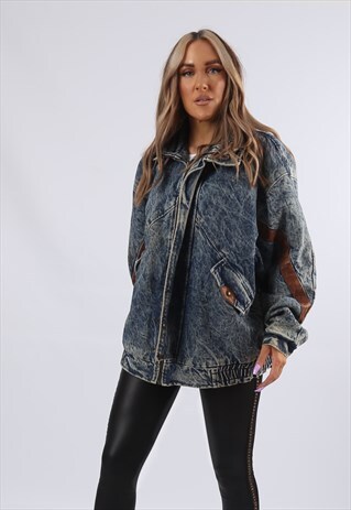 VINTAGE DENIM BOMBER JACKET OVERSIZED ACID WASH UK 16 (BUAK)