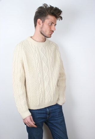 VINTAGE CHUNKY KNIT BEIGE ARAN WOOLLEN JUMPER