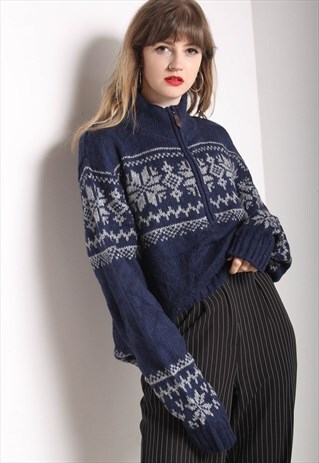 VINTAGE JAZZY ABSTRACT CRAZY PATTERNED JUMPER BLUE