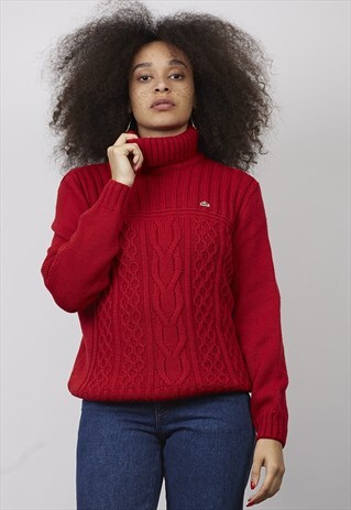 VINTAGE 90'S LACOSTE RED ROLL-NECK CABLE KNIT JUMPER