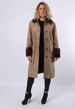 SHEEPSKIN SHEARLING SUEDE LONG COAT JACKET UK 12 (C8DD)