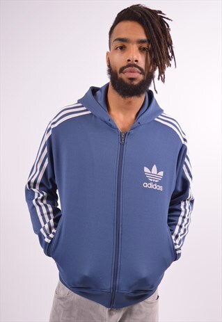 ADIDAS MENS VINTAGE HOODIE SWEATER LARGE BLUE 90S