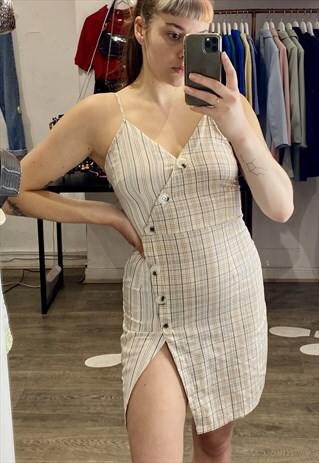 VINTAGE INSPIRED DRESS HALF HALF STRIPED SQUARED IN BEIGE