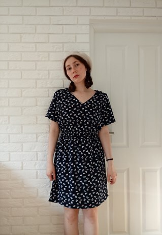 'SONNY' VINTAGE V-NECK FLORAL NAVY BLUE SUMMER DRESS