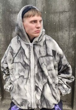 Rough bleach fleece hoodie washed out fake fur jacket grey