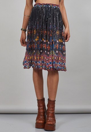 VINTAGE 70'S BLACK INDIAN GEOMETRIC PRINT MIDI SKIRT