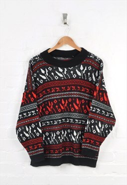 Vintage Knitted Jumper 80s Pattern Black/Red Ladies Large