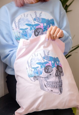 TOTE BAG IN PINK WITH MOTH SKULL PRINT