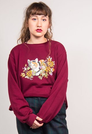 VINTAGE 90'S MAROON CUTE CAT PRINT OVERSIZED SWEATSHIRT