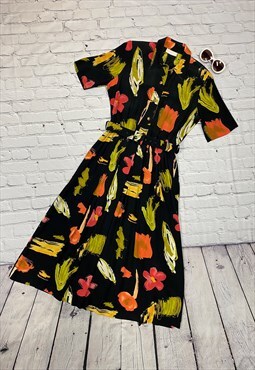 Vintage 80's Black Floral Dress Size 12
