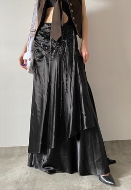 Pierre Cardin beaded satin maxi skirt in black