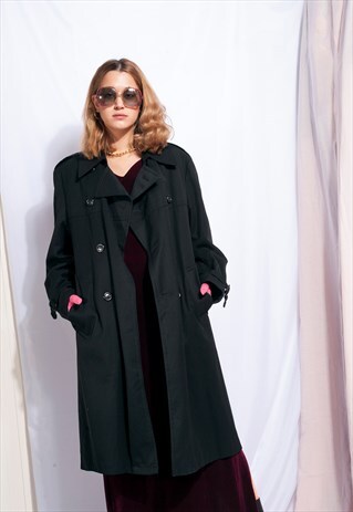 VINTAGE TRENCH COAT 80S GRUNGE BLACK LONG JACKET