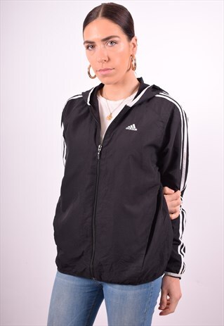 ADIDAS WOMENS VINTAGE HOODIE JACKET MEDIUM BLACK 90'S