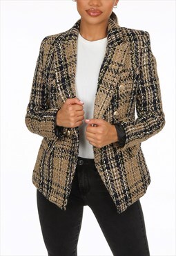 Check Knit Double Breasted Blazer In Beige