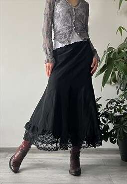 Vintage 90's Black Classic A-shape Flared Lace Maxi Skirt