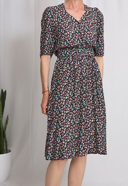 80s vintage midi dress small floral print puffy sleeves