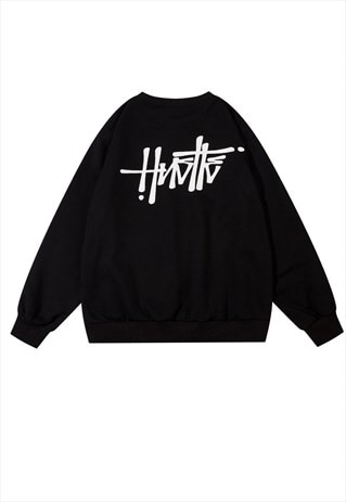 SKATER SWEATSHIRT HUSTLE SLOGAN JUMPER GRUNGE TOP IN BLACK