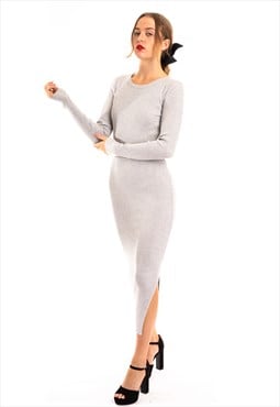 Ribbed midi Knit dress long sleeves in plain grey