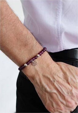 Om Charm with Amethyst Power Bead Bracelet Men Silver
