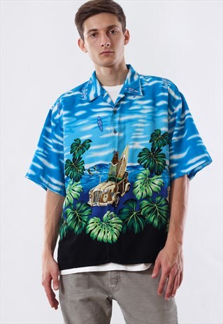 VINTAGE HAWAIIAN 90S BLUE ISLAND BEACH CAR PRINTED