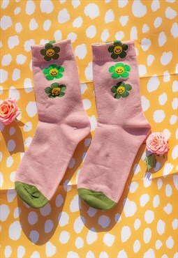 Pink and Green Three Flower Smiley Socks