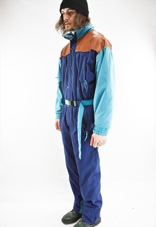 VINTAGE 80S MULTI COLOURED SKI SUIT W/LEATHER SHOULDERS