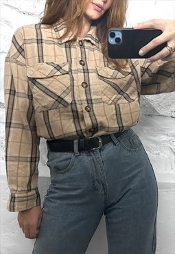 Beige Plaid Boyfriend Shirt - Large 